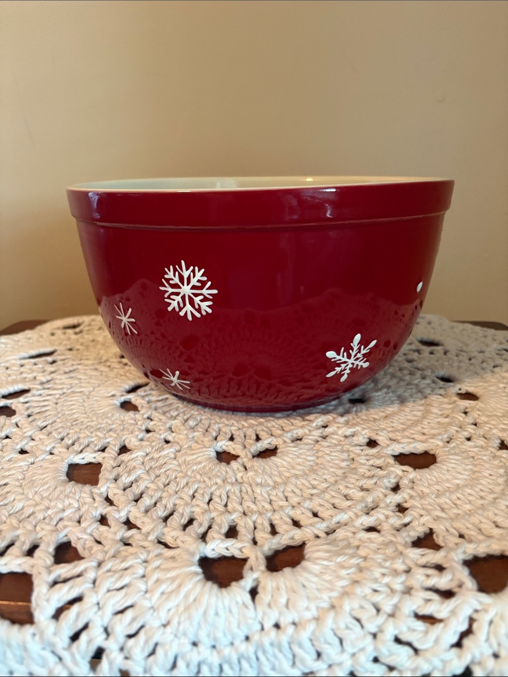 Longaberger Red Holiday Mixing Bowl with White Snowflake Design
